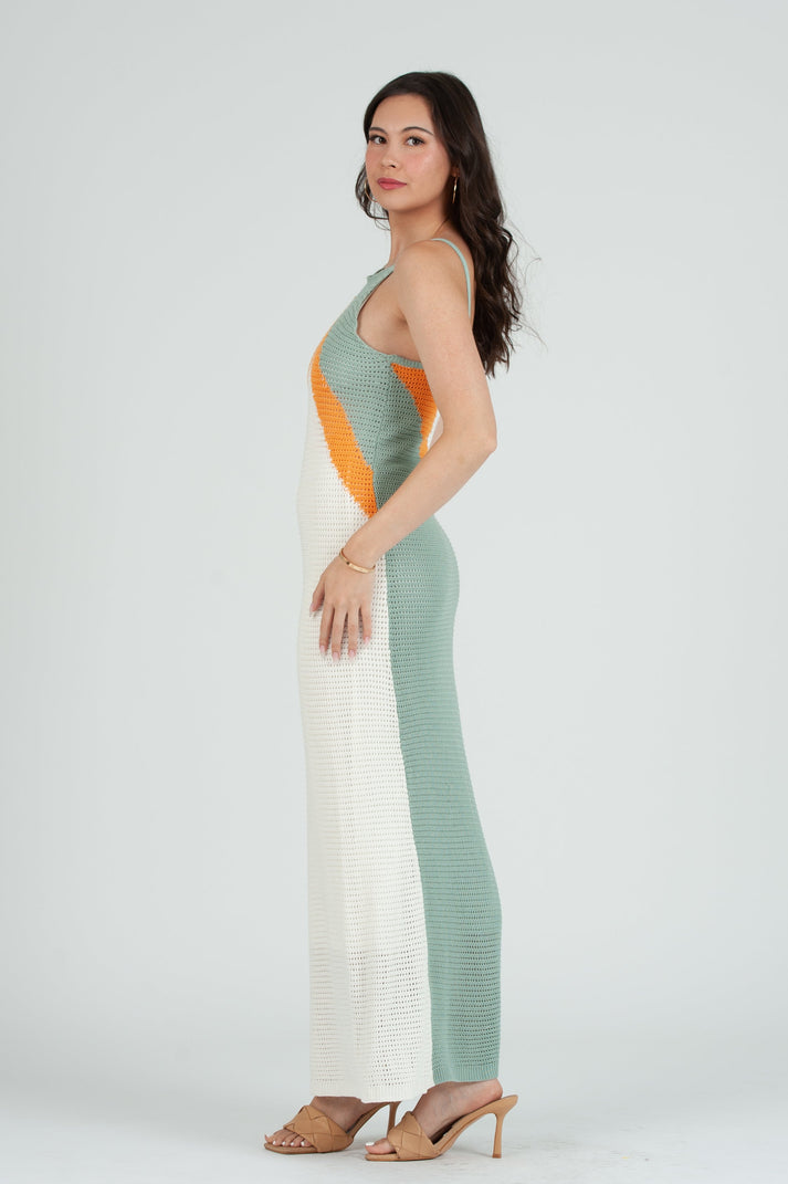 Women's Crochet Color Block Maxi Knit Dress