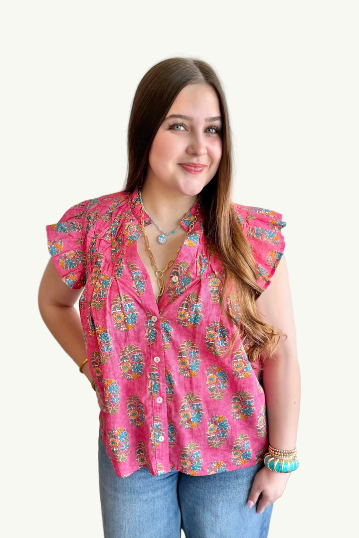 Block Pop Pleated Sleeve Top