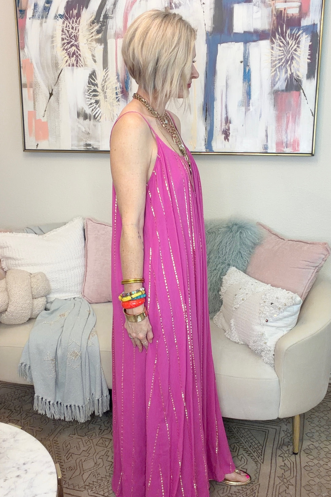 Dazzling Magenta Dress with Gold Stripe Detail