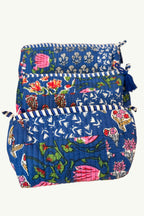 The Block Print Cosmetic Pouch- Grey/Blue, Dark Cobalt, Pink