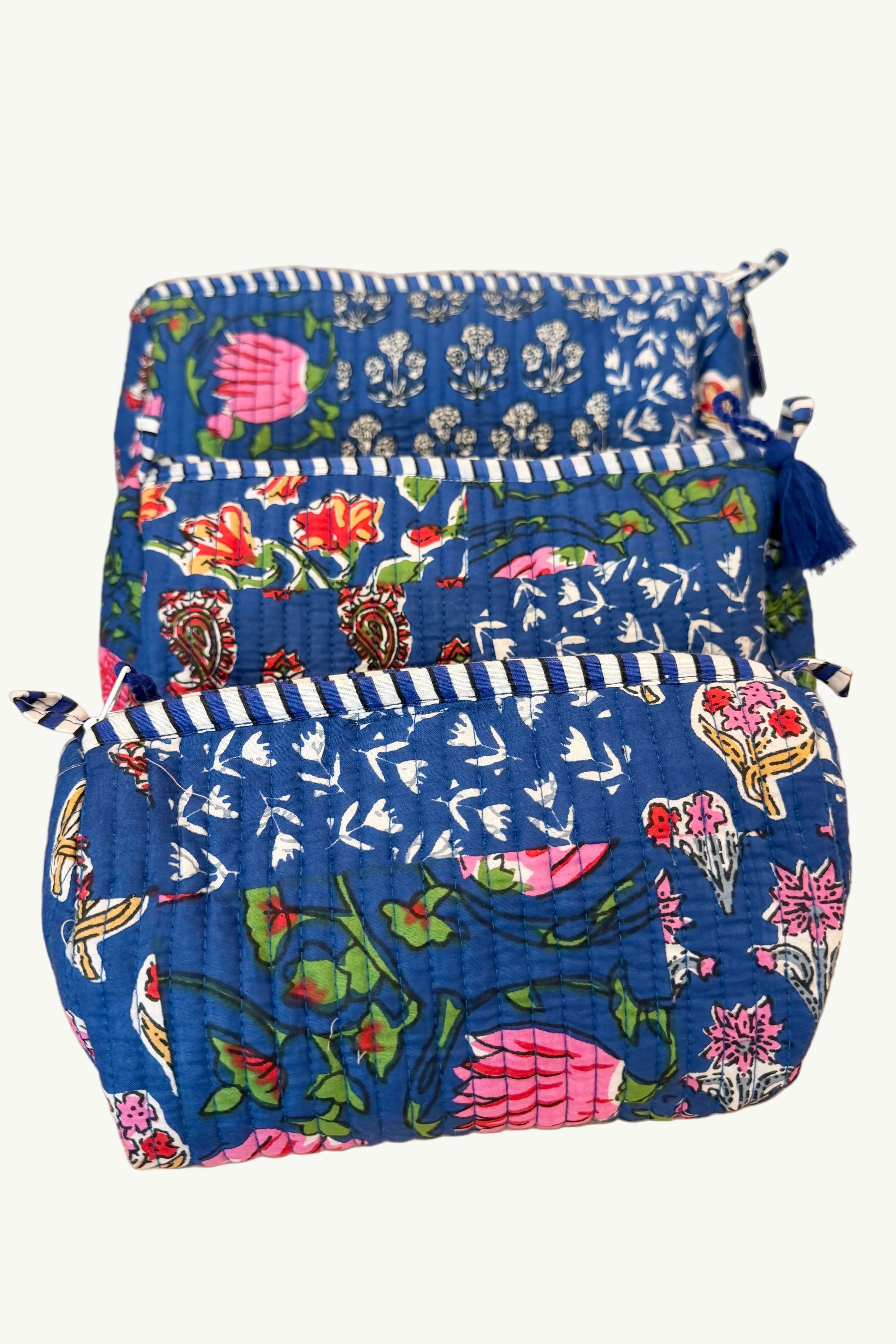 The Block Print Cosmetic Pouch- Grey/Blue, Dark Cobalt, Pink