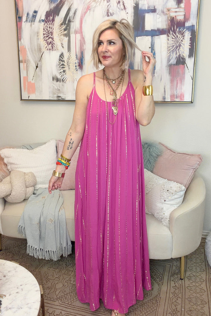 Dazzling Magenta Dress with Gold Stripe Detail
