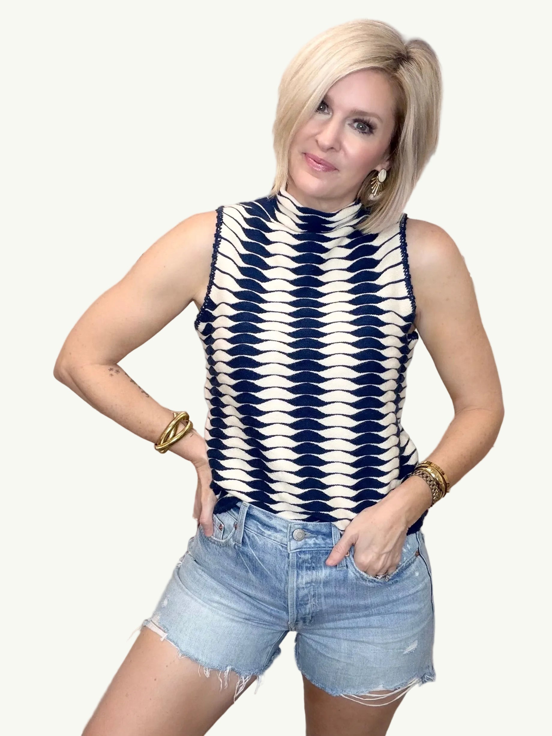 Retro Wave Knit Mock Neck Tank