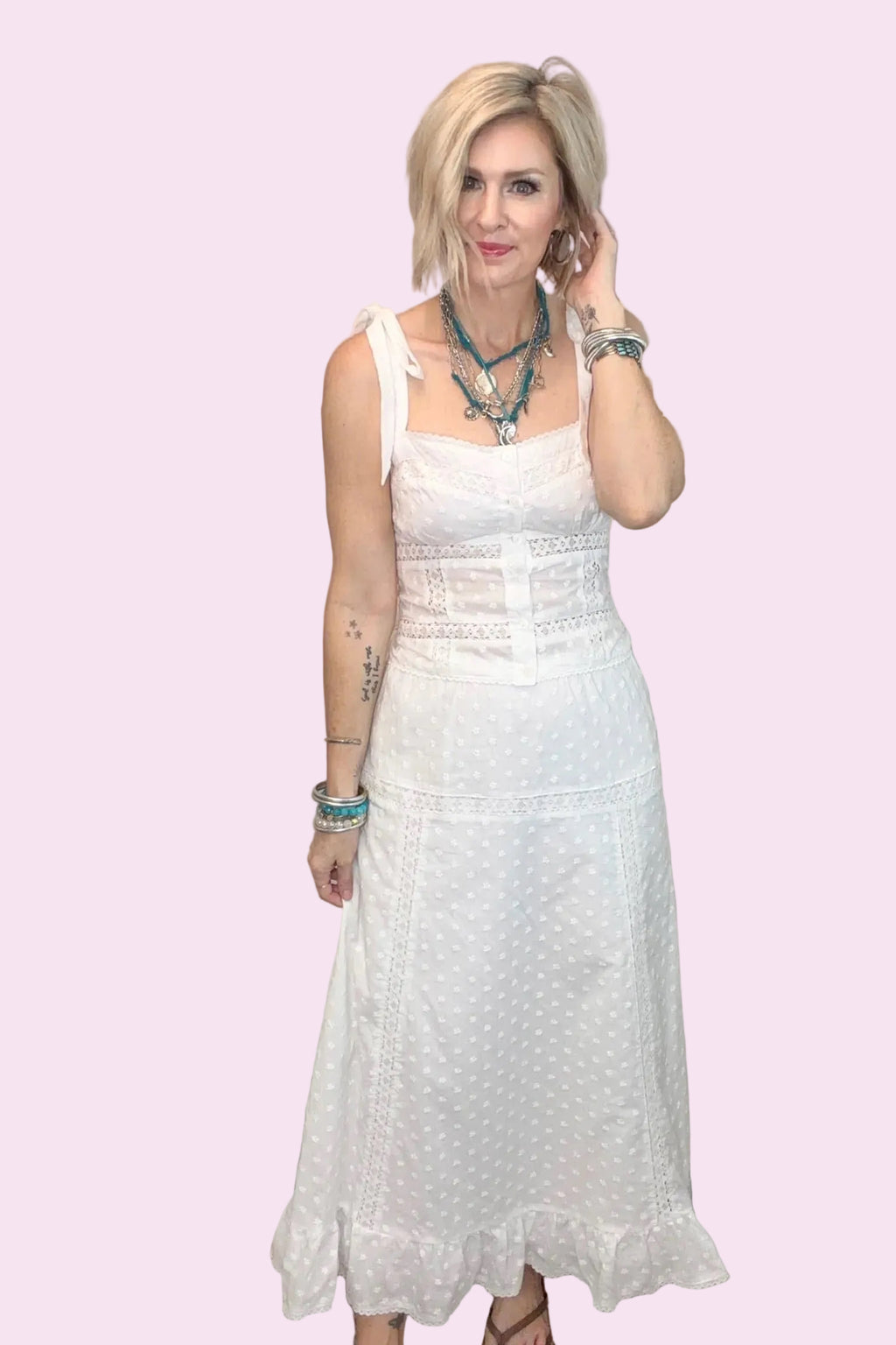 White Embroidered Bow Tie Top