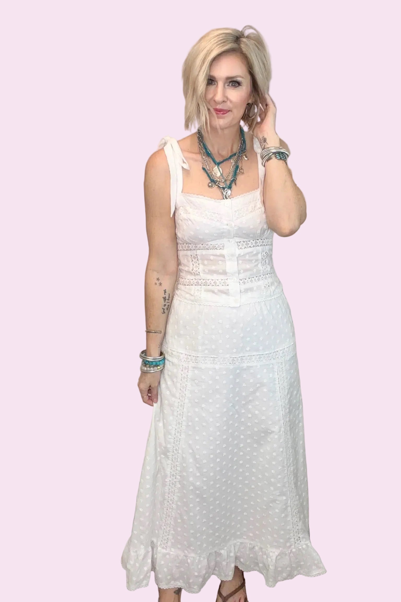White Embroidered Bow Tie Top