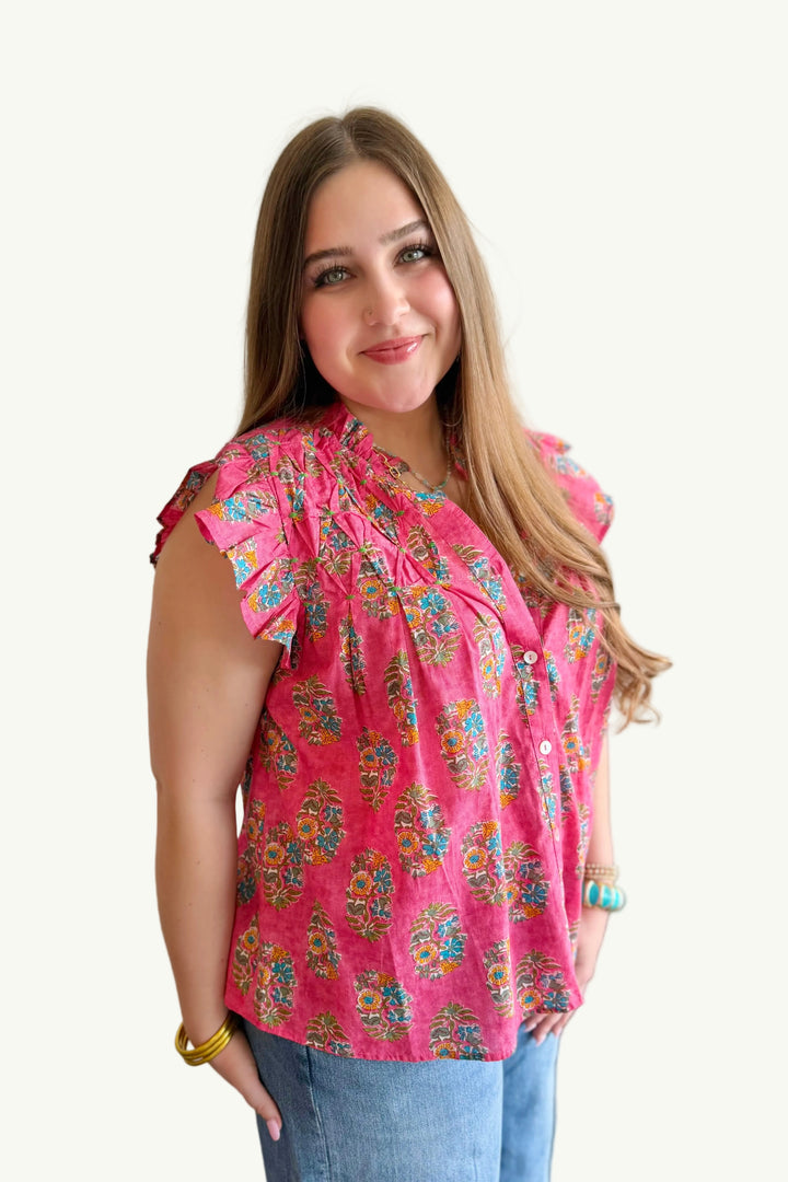 Block Pop Pleated Sleeve Top