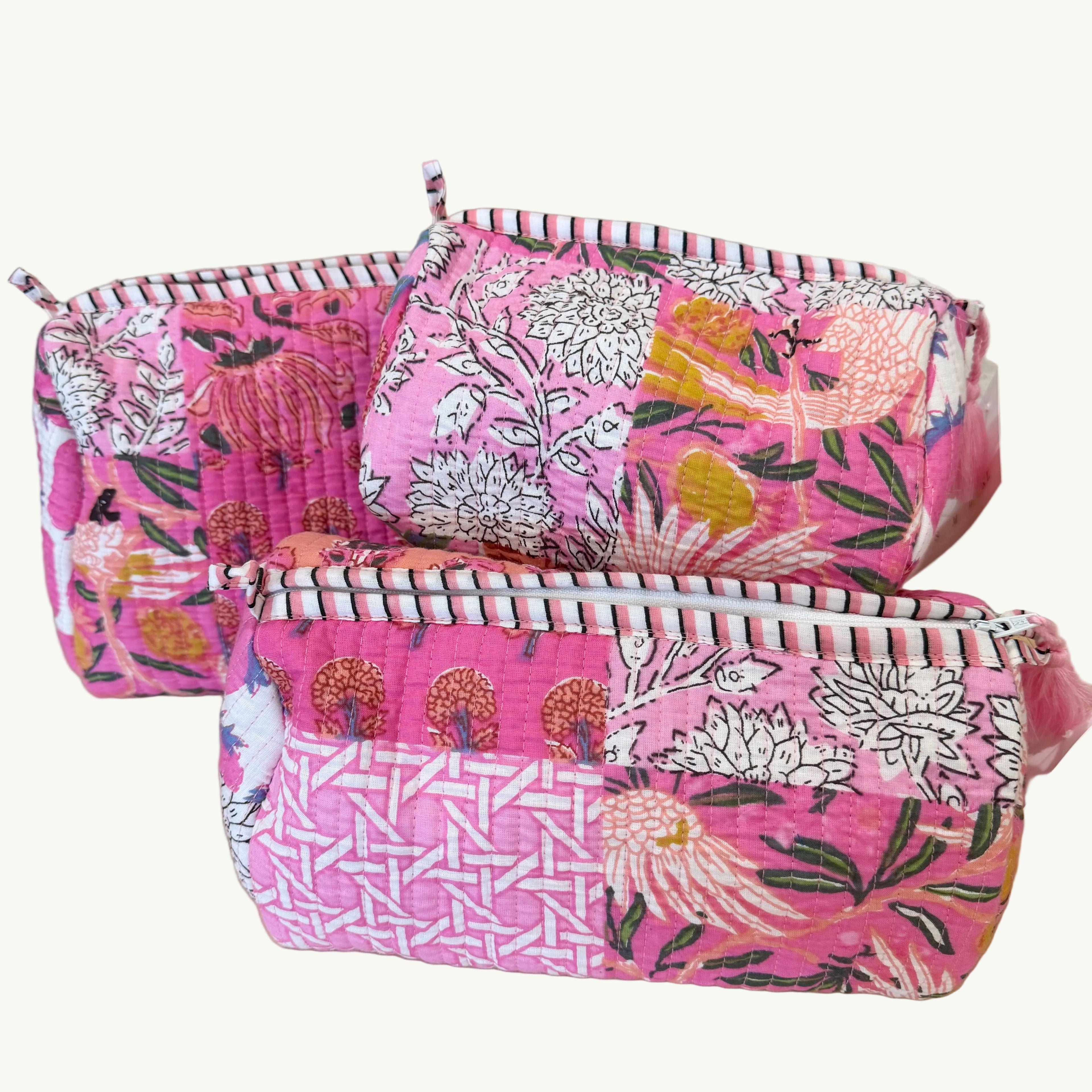 The Block Print Cosmetic Pouch- Grey/Blue, Dark Cobalt, Pink