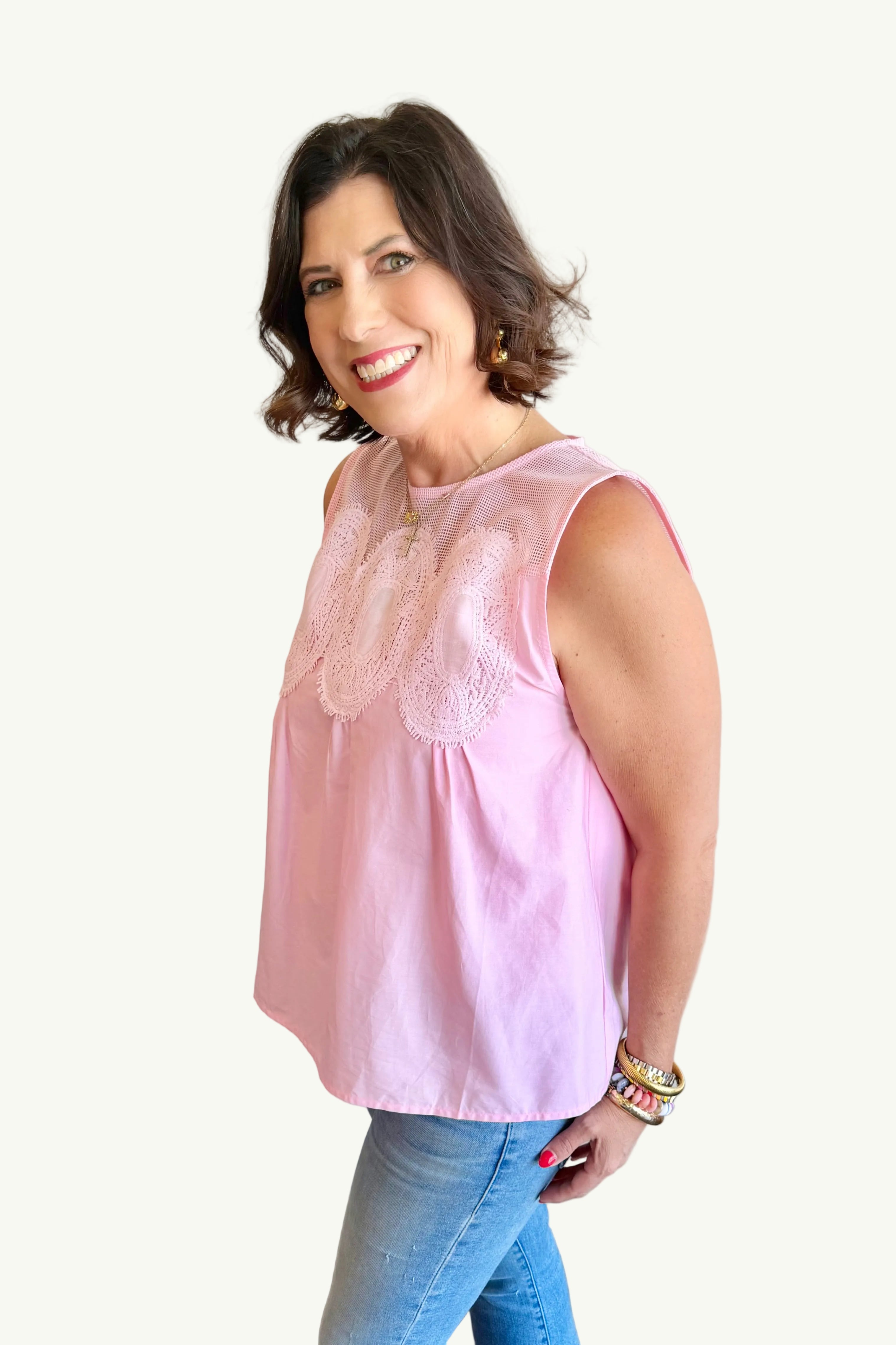 Sweetheart Mesh Detail Top
