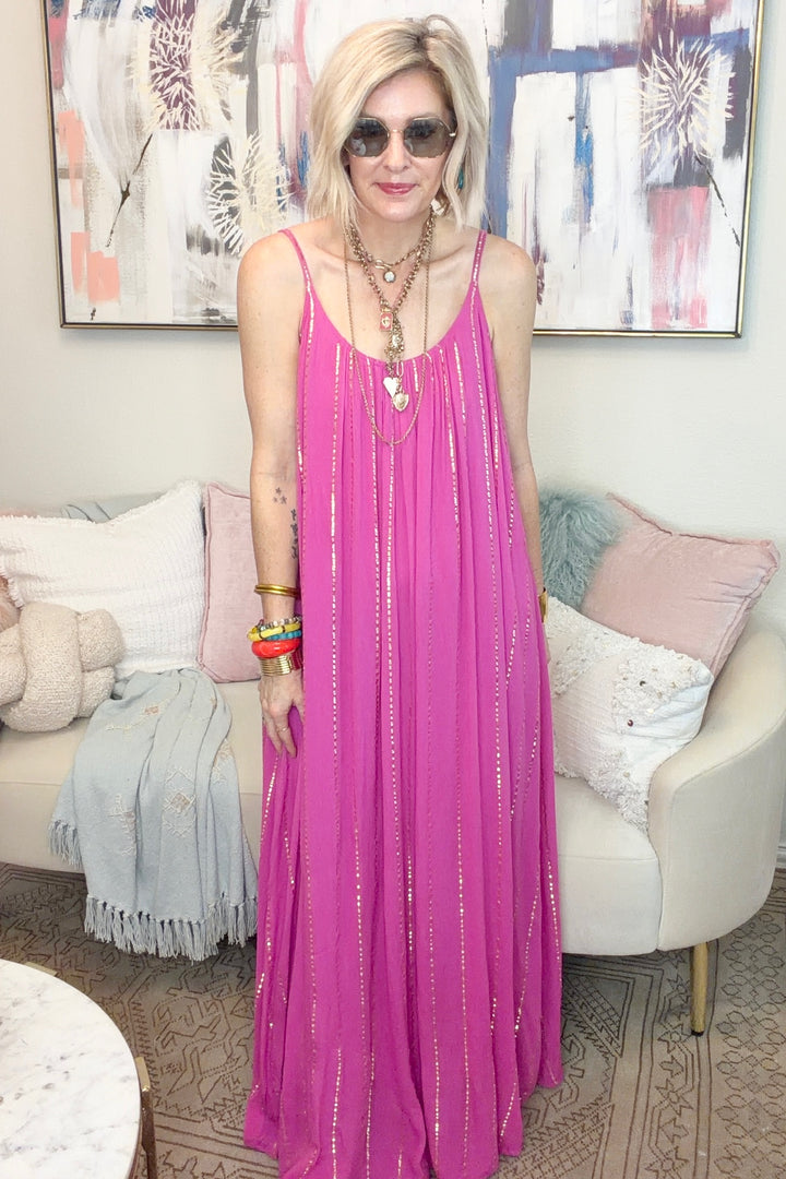 Dazzling Magenta Dress with Gold Stripe Detail