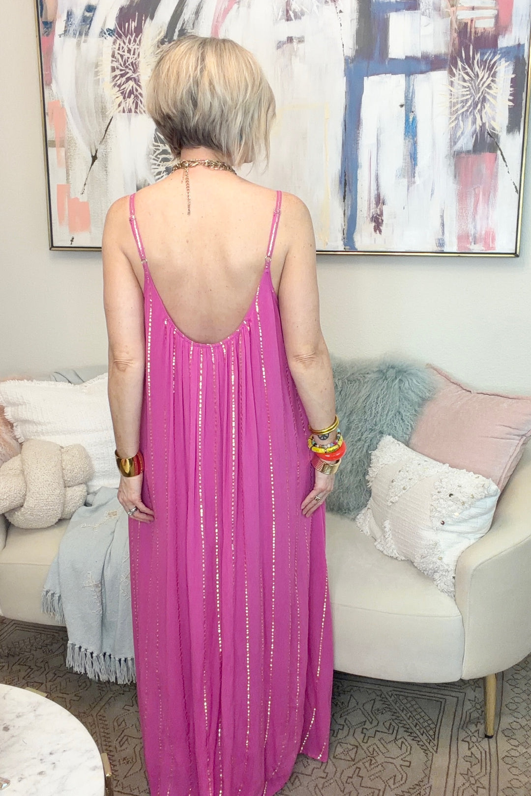 Dazzling Magenta Dress with Gold Stripe Detail