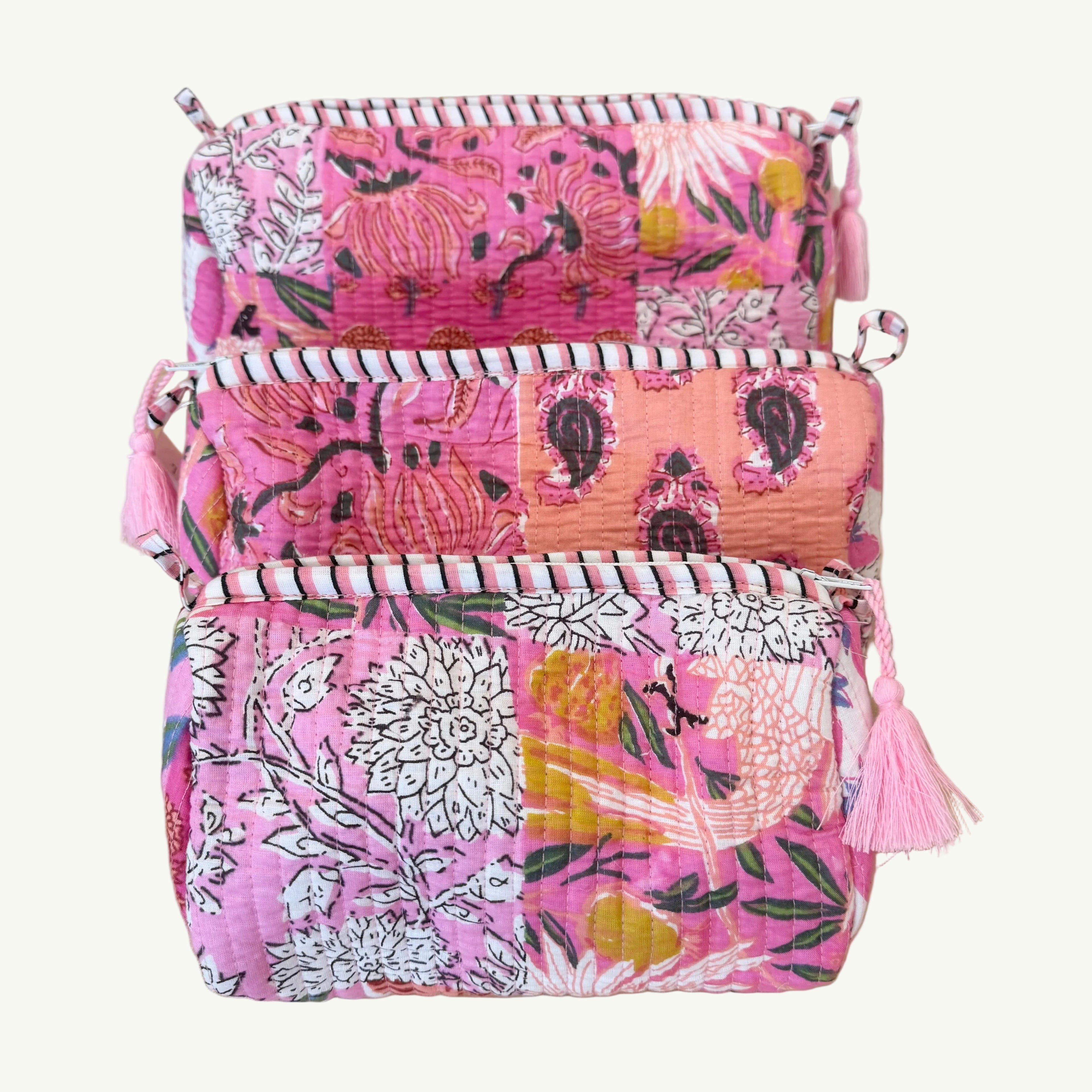 The Block Print Cosmetic Pouch- Grey/Blue, Dark Cobalt, Pink