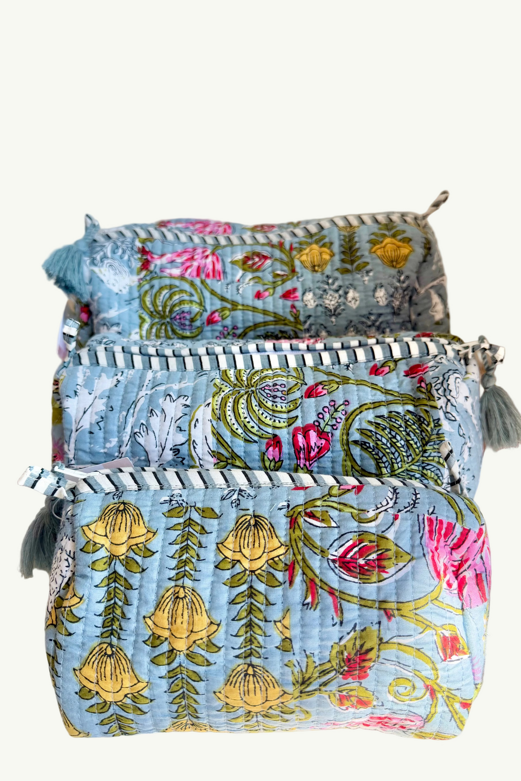 The Block Print Cosmetic Pouch- Grey/Blue, Dark Cobalt, Pink