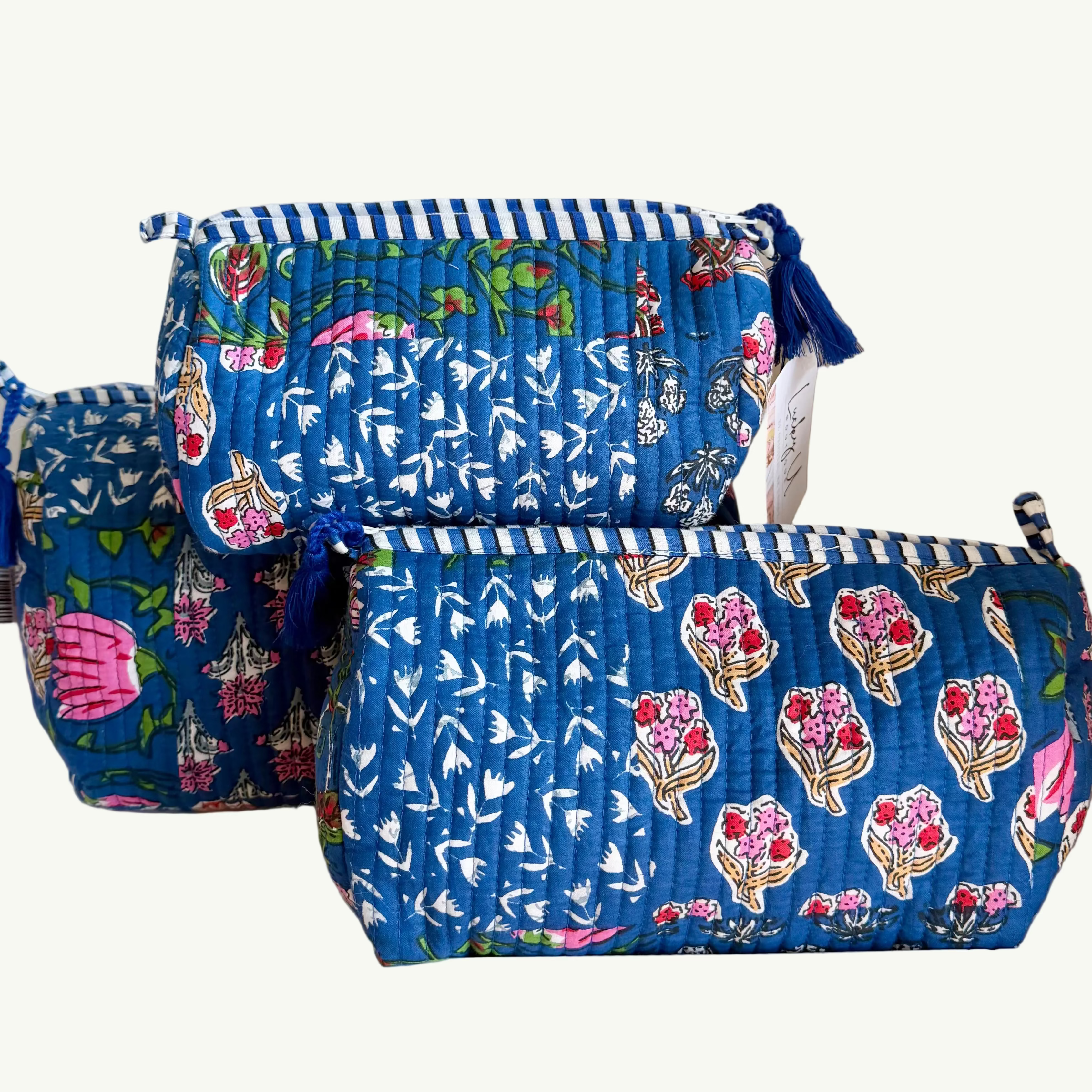 The Block Print Cosmetic Pouch- Grey/Blue, Dark Cobalt, Pink