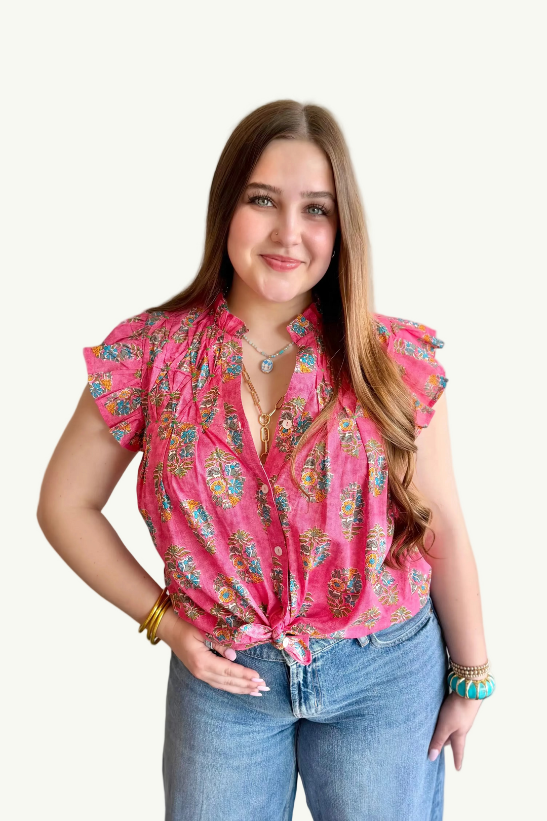 Block Pop Pleated Sleeve Top