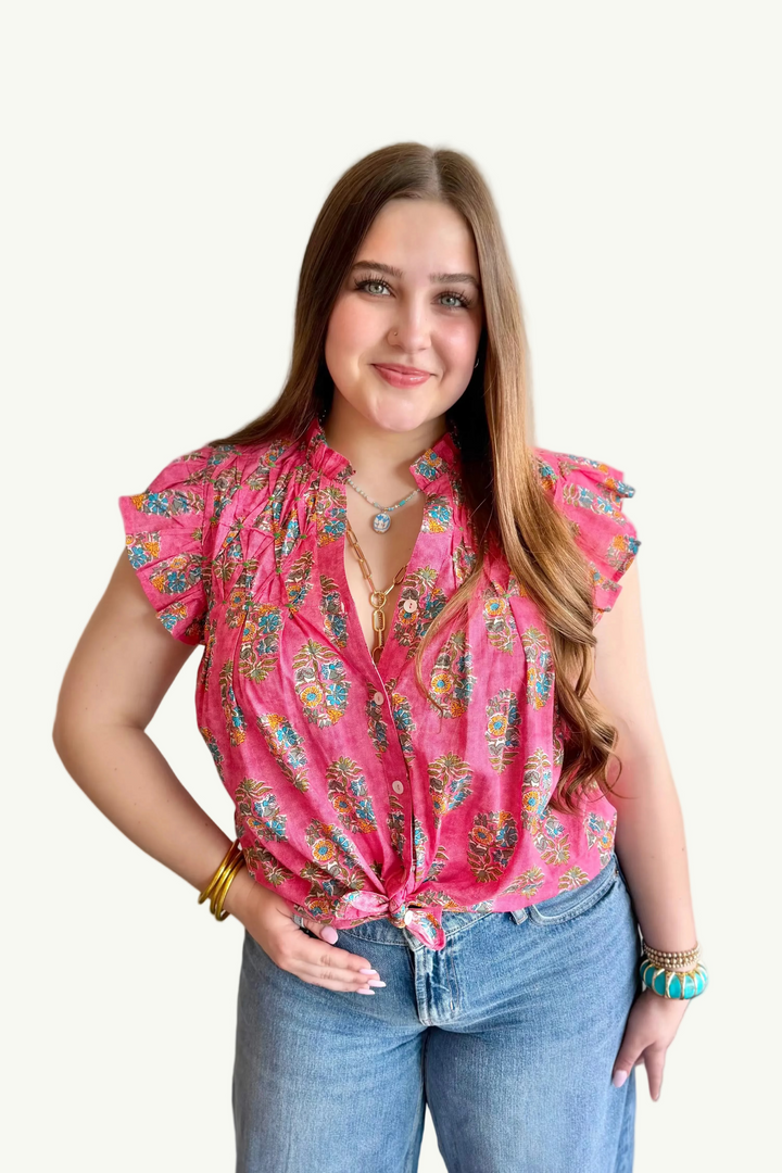 Block Pop Pleated Sleeve Top