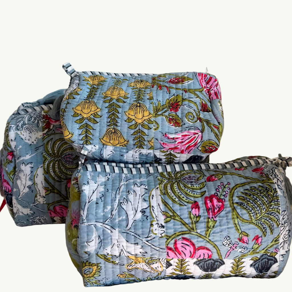 The Block Print Cosmetic Pouch- Grey/Blue, Dark Cobalt, Pink