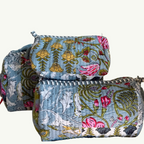 The Block Print Cosmetic Pouch- Grey/Blue, Dark Cobalt, Pink