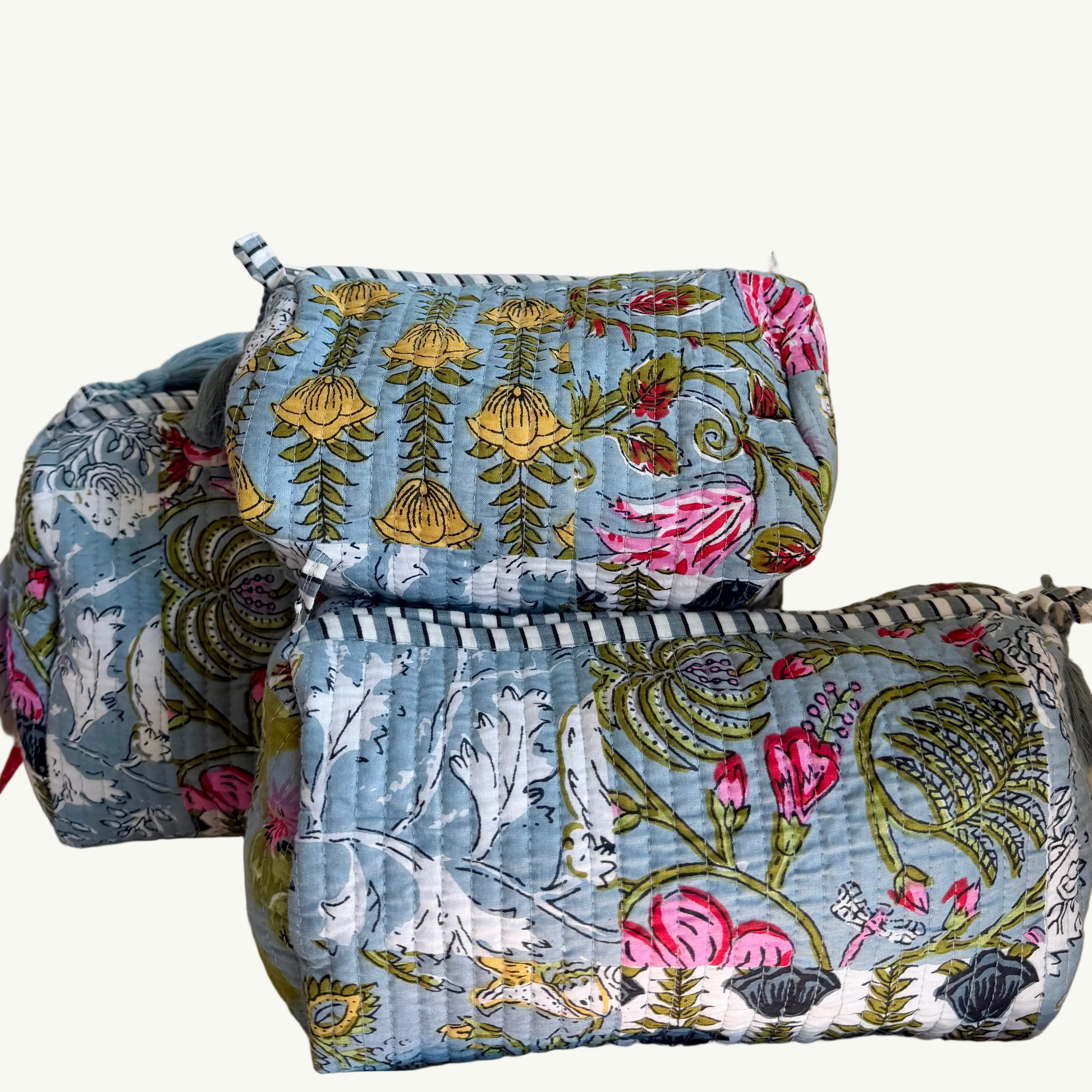 The Block Print Cosmetic Pouch- Grey/Blue, Dark Cobalt, Pink