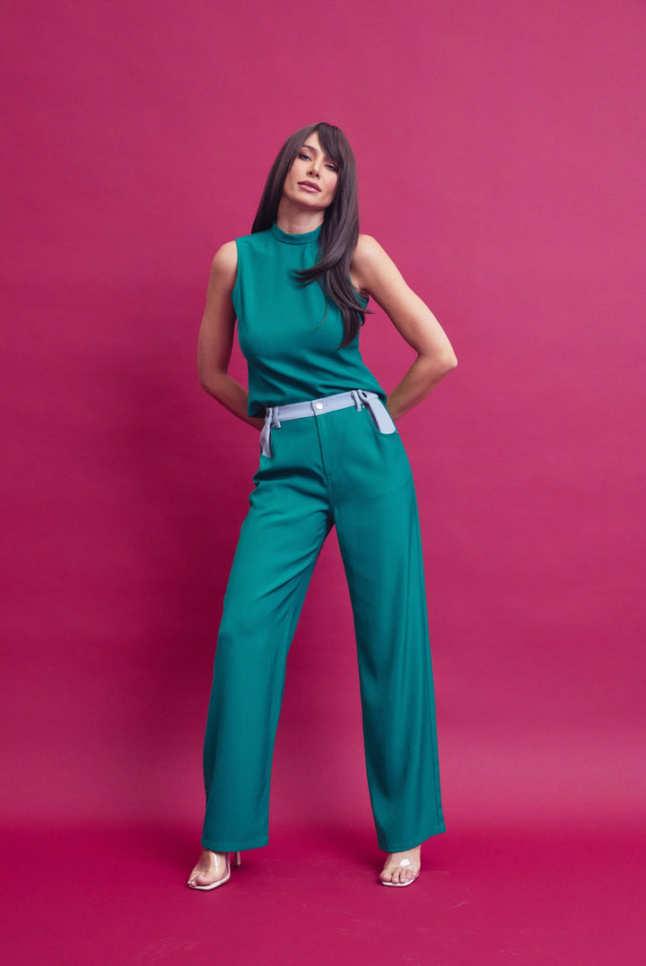 Woven Slvls Mock Neck Top And Pants Set