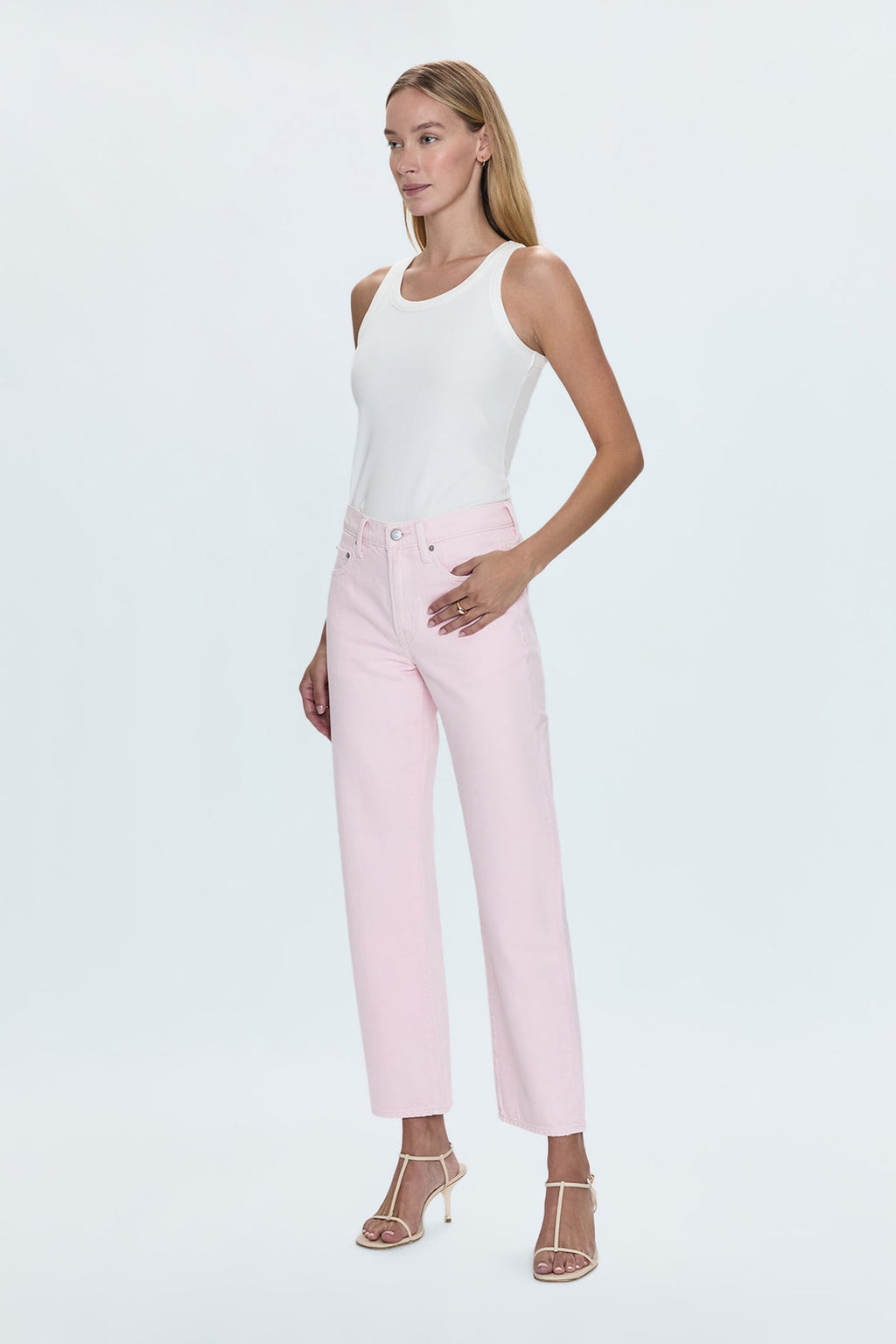 Lexi Mid Rise Bowed Straight Jean- Blush