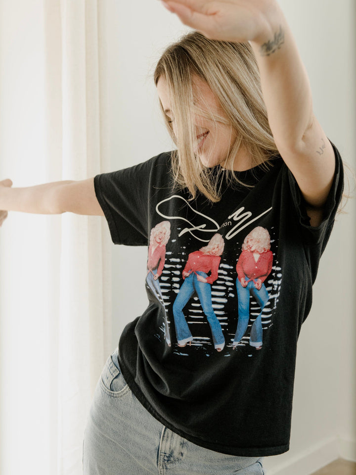 Dolly Parton Triple Threat Black Thrifted Distressed Tee