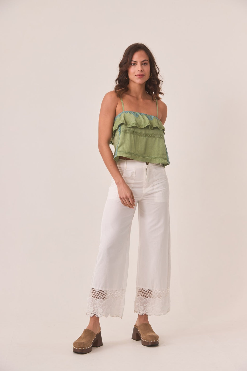 Green Ruffle Embroidered Top