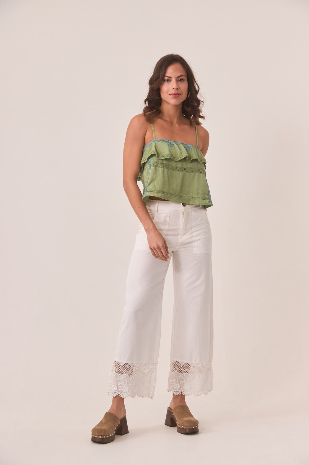 Green Ruffle Embroidered Top
