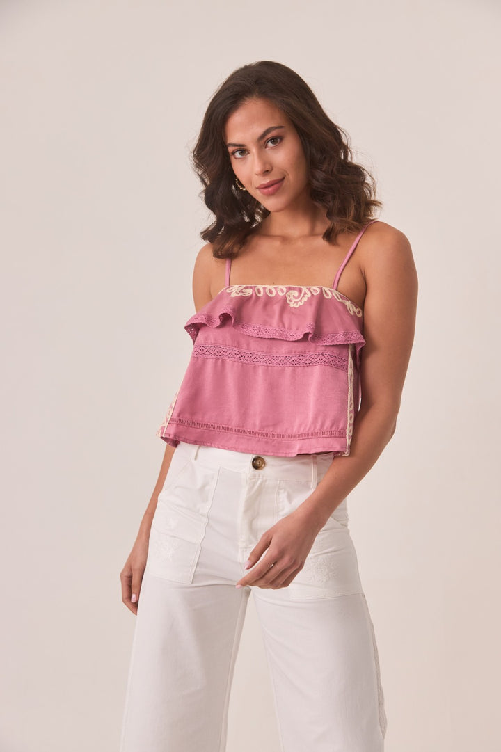 PINK RUFFLE EMBROIDERED TOP