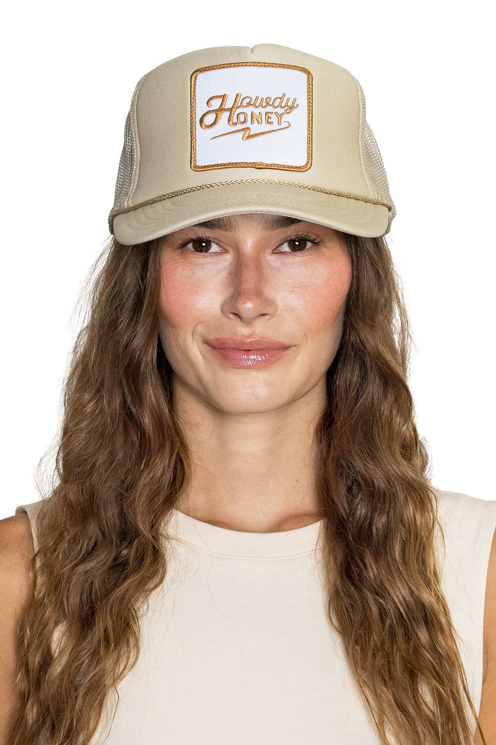 Howdy Honey Trucker Hat in Tan