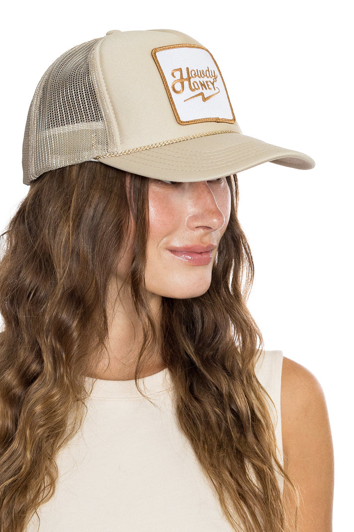 Howdy Honey Trucker Hat in Tan