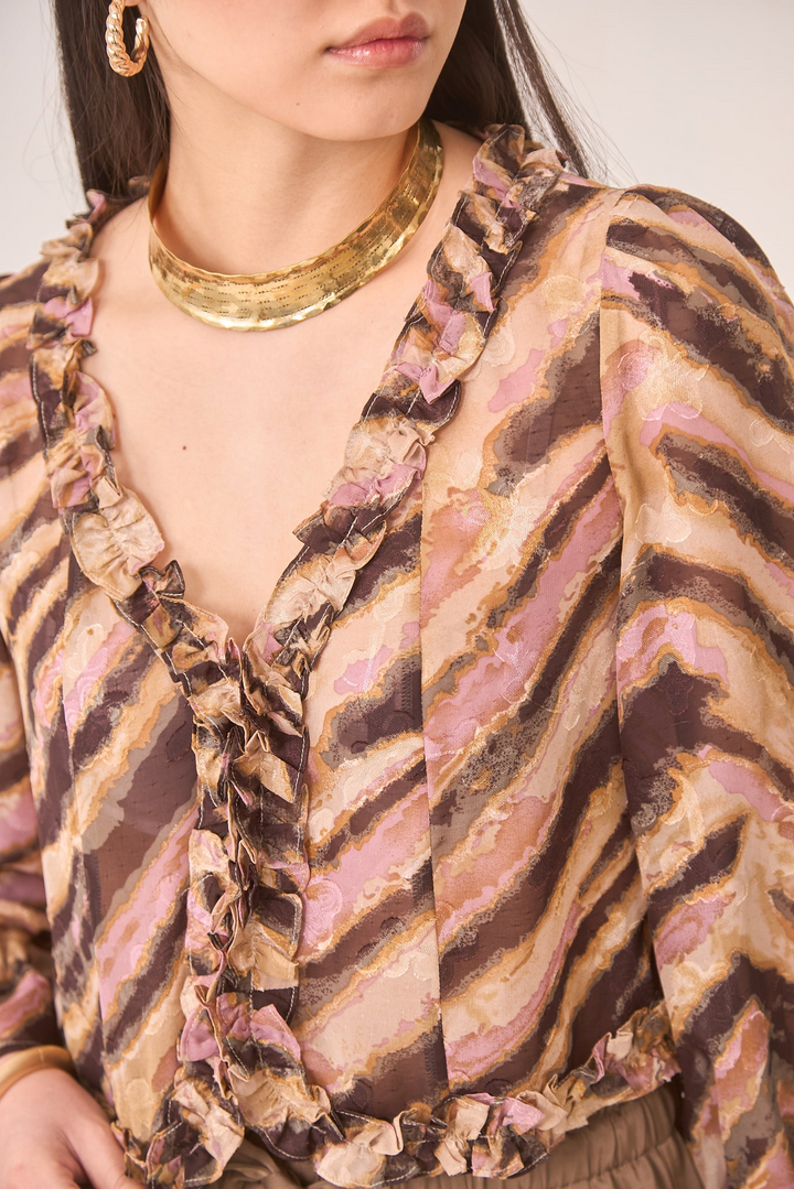 ANIMAL PRINT Ruffled Blouse - CAMEL