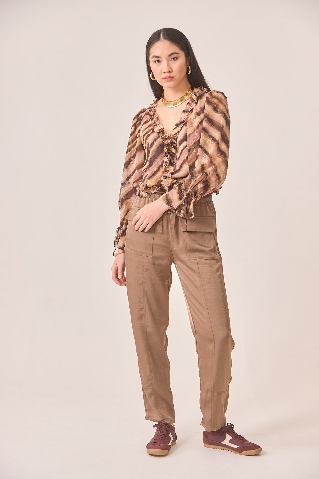 ANIMAL PRINT Ruffled Blouse - CAMEL