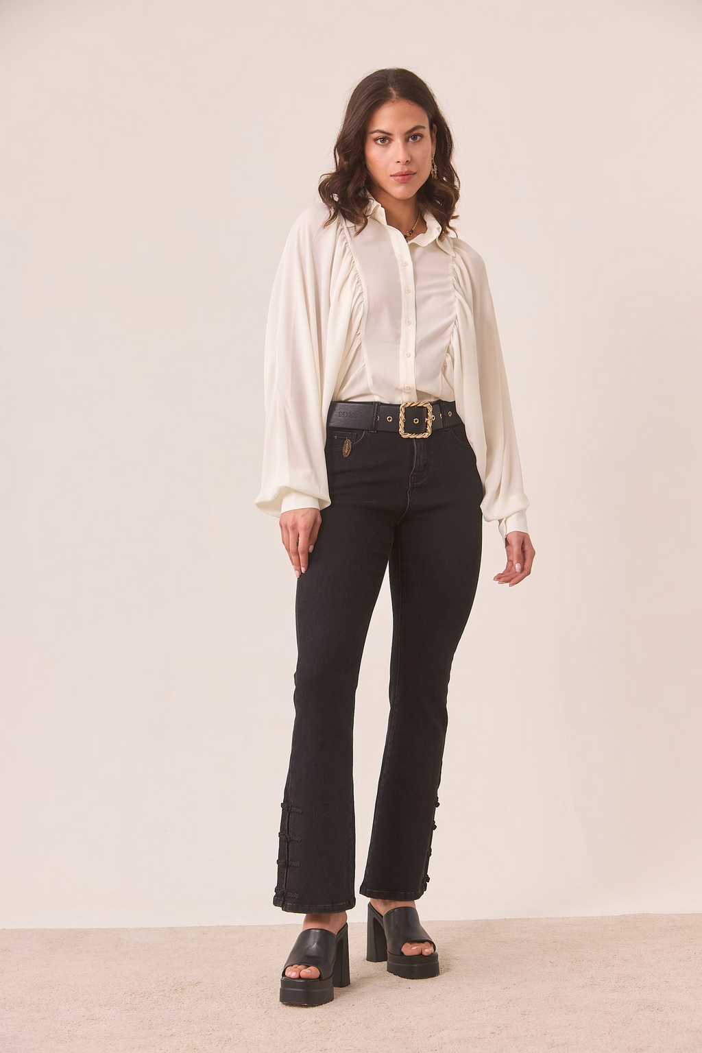 Bootcut Jeans with Oriental Buttons - Black