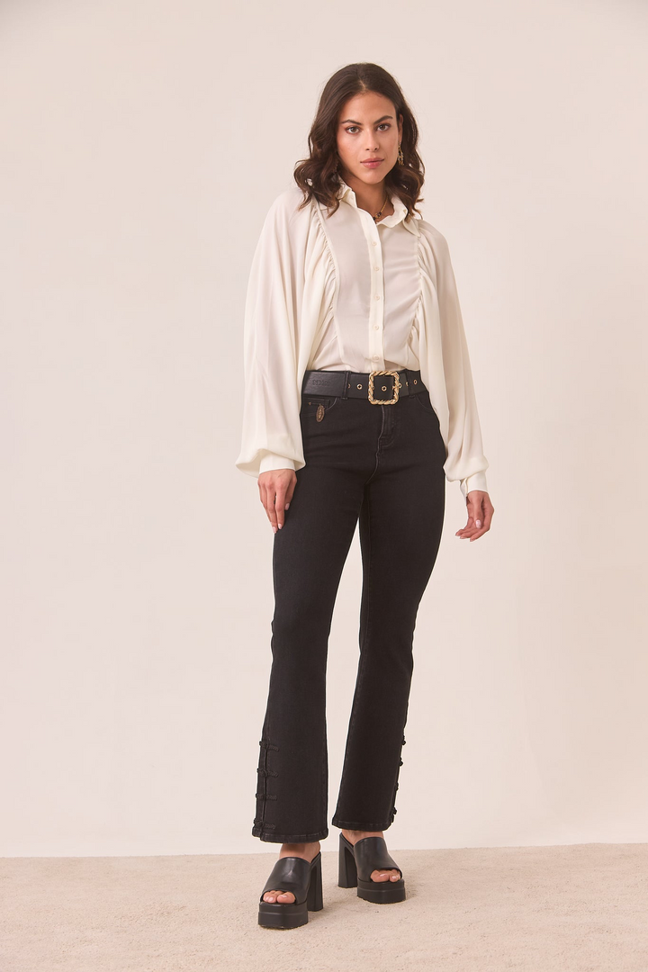 BOOTCUT JEANS WITH ORIENTAL BUTTONS - BLACK