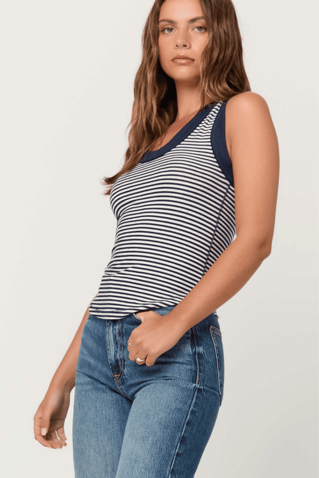 Hits Different Striped Ringer Tank- Navy Stripe
