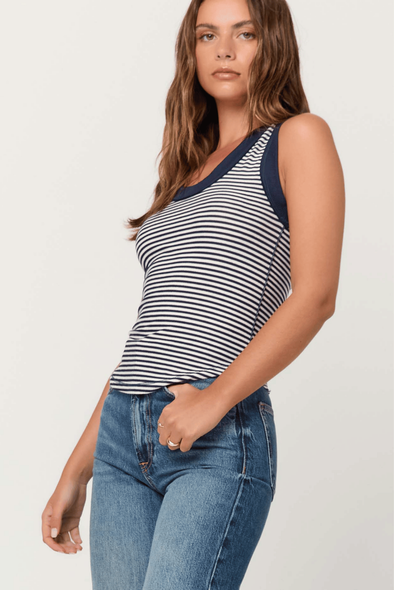 Hits Different Striped Ringer Tank- Navy Stripe