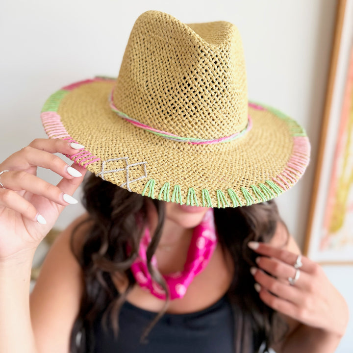 Sunset Stitch Straw Hat- Pink