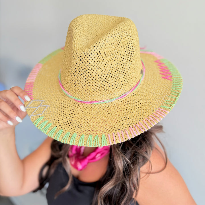 Sunset Stitch Straw Hat- Pink