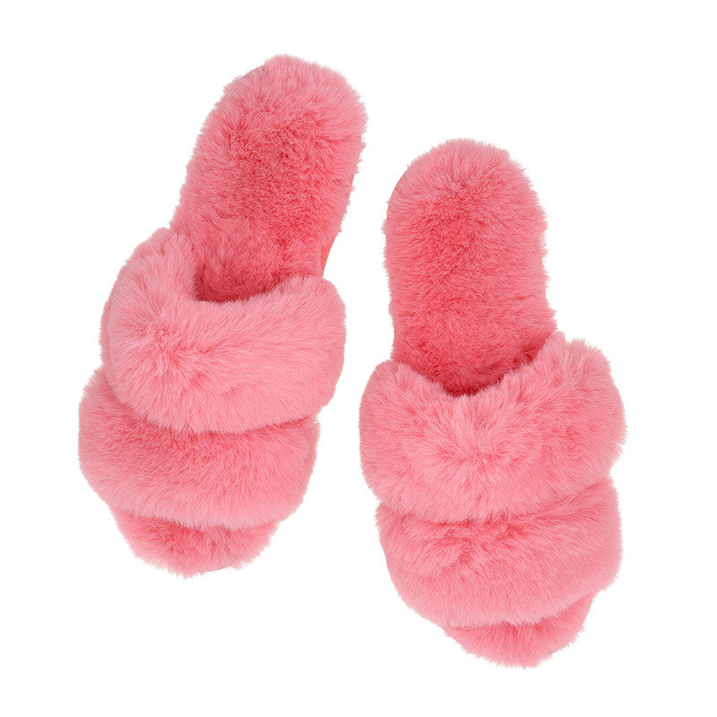 Plush Slippers - Double Band - Hot Pink