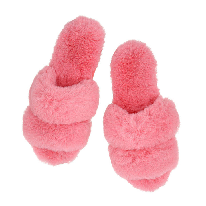 Plush Slippers - Double Band - Hot Pink