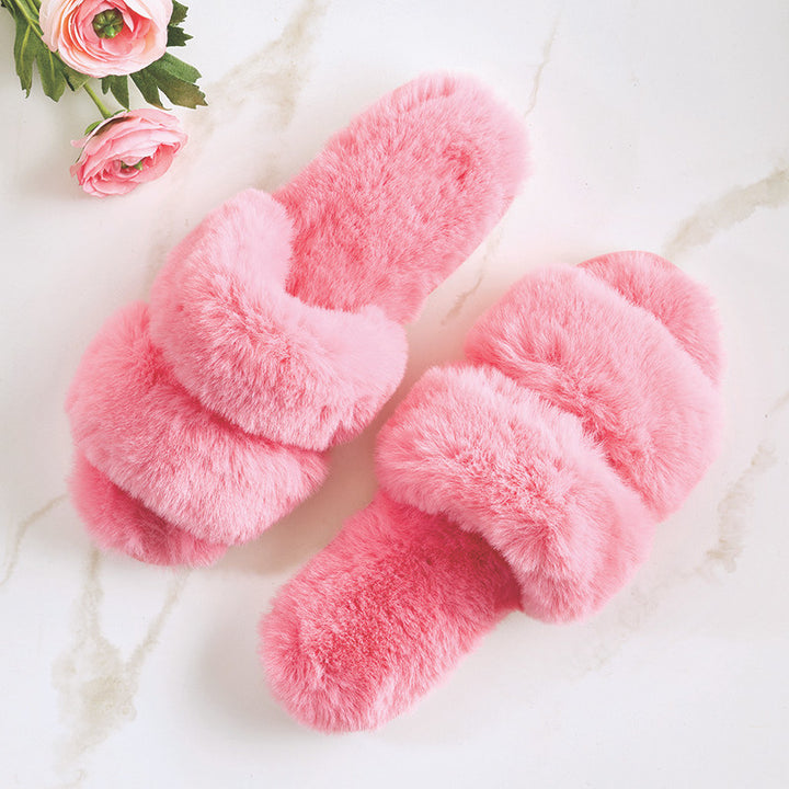 Plush Slippers - Double Band - Hot Pink