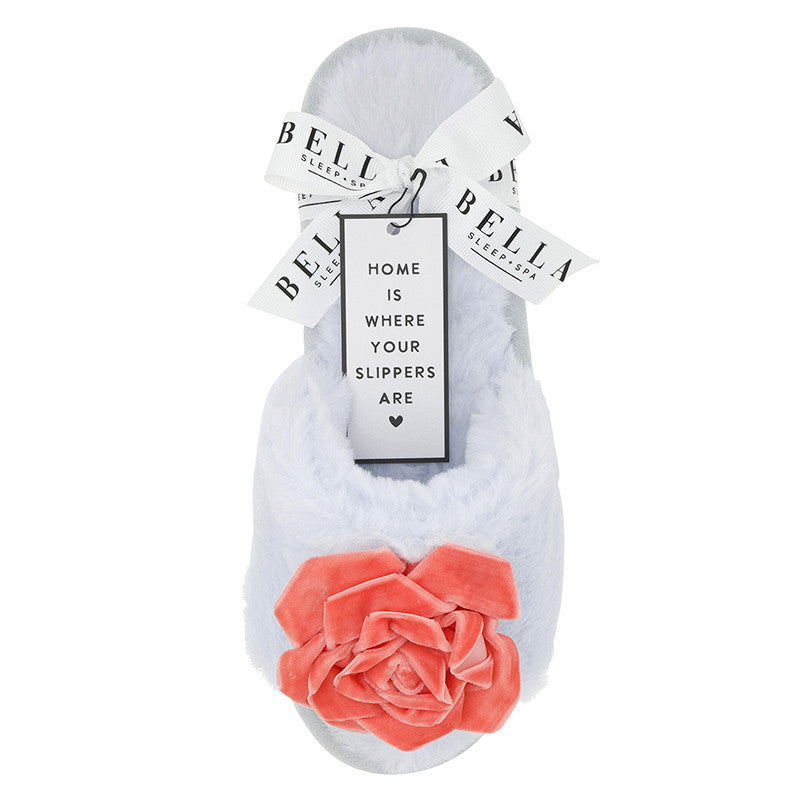 Plush Velvet Rosette Slippers - Blue + Coral Velvet Rosette