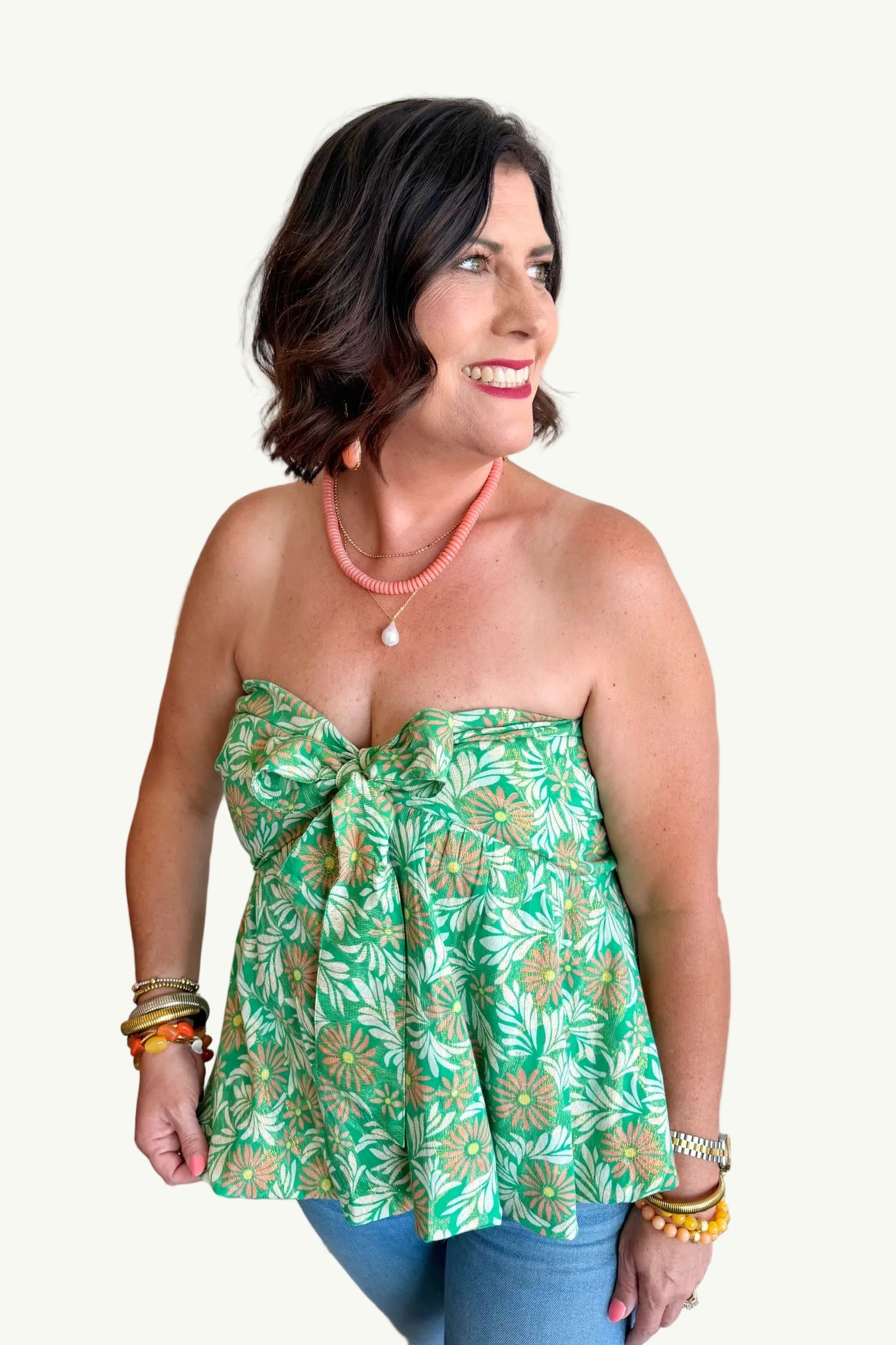 Strapless Green Floral Top