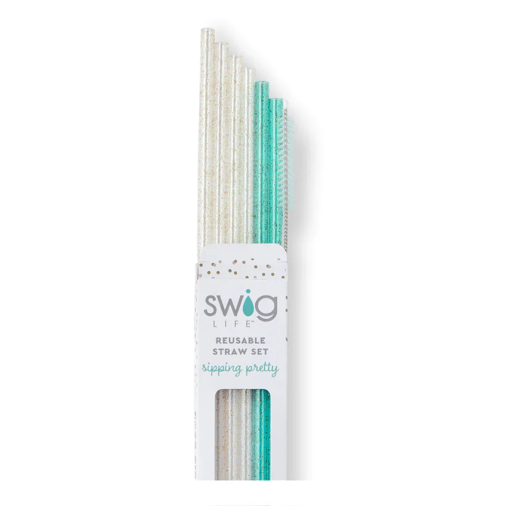 Swig: Clear Glitter + Aqua Reusable Straws